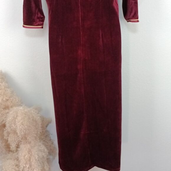 Elegant Velvet Burgundy 3/4 Sleeve Side Slits Cheongsam Dress sz L Whimsigoth - Picture 11 of 13